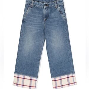 Palm Angels Blue Kids Jeans with Plaid Cuff